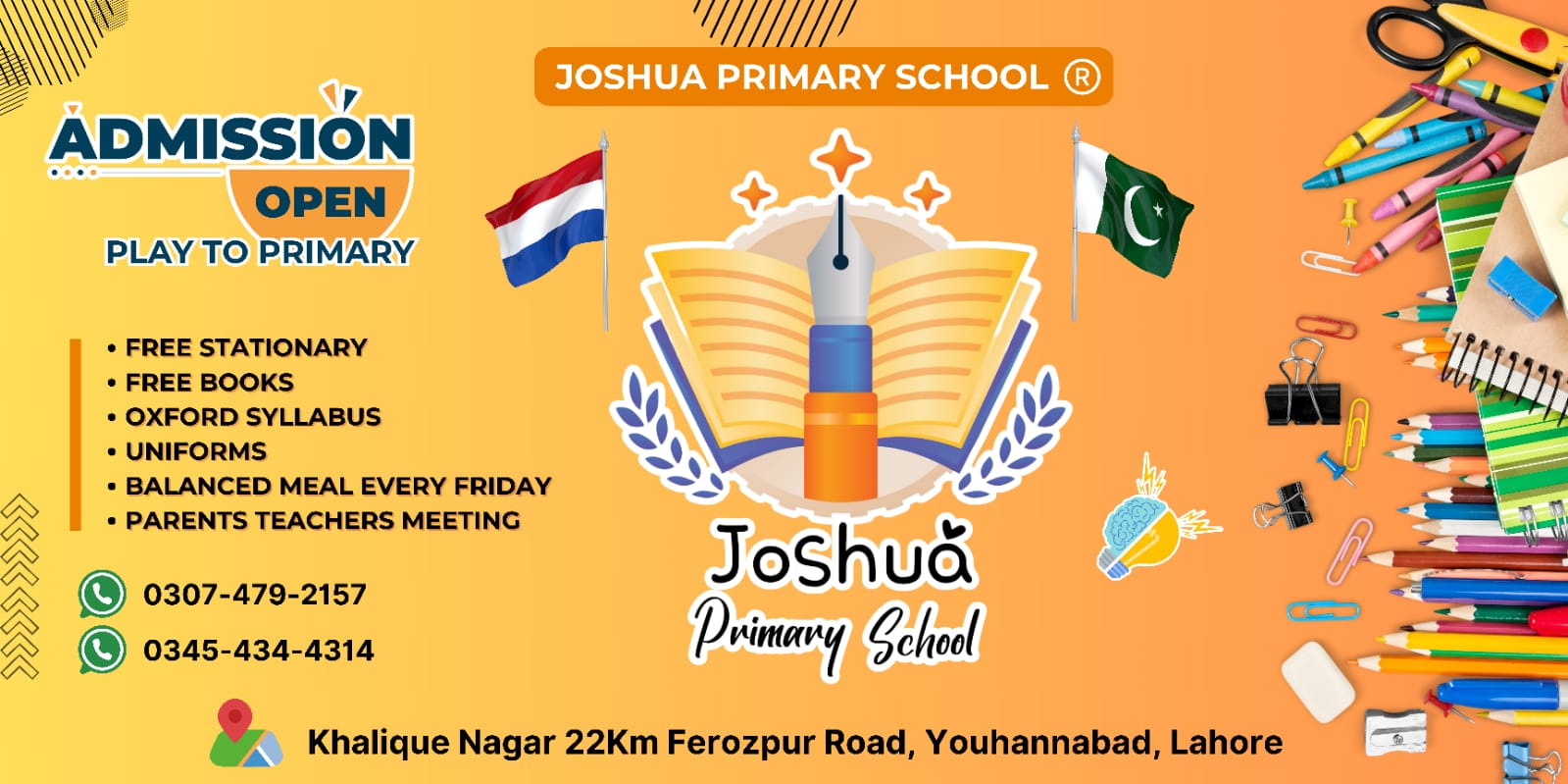 Joshua Primary School banner showing the Dutch and Pakistani flags side by side